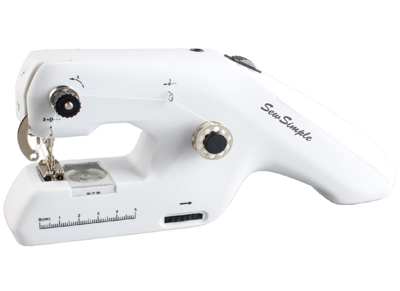 Manufacturer photo of the exact white Michley SewSimple handheld two-thread sewing machine